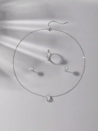 Sterling Silver With Moissanite Snowflake Earrings, Necklace and Ring Set