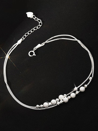 Sterling Silver Double Layer Shiny Beaded Anklet