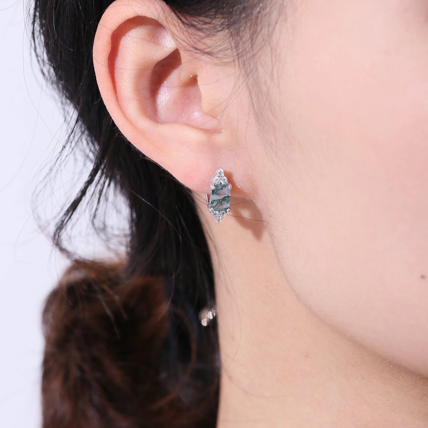 Rectangle Moss Agate Silver Earrings