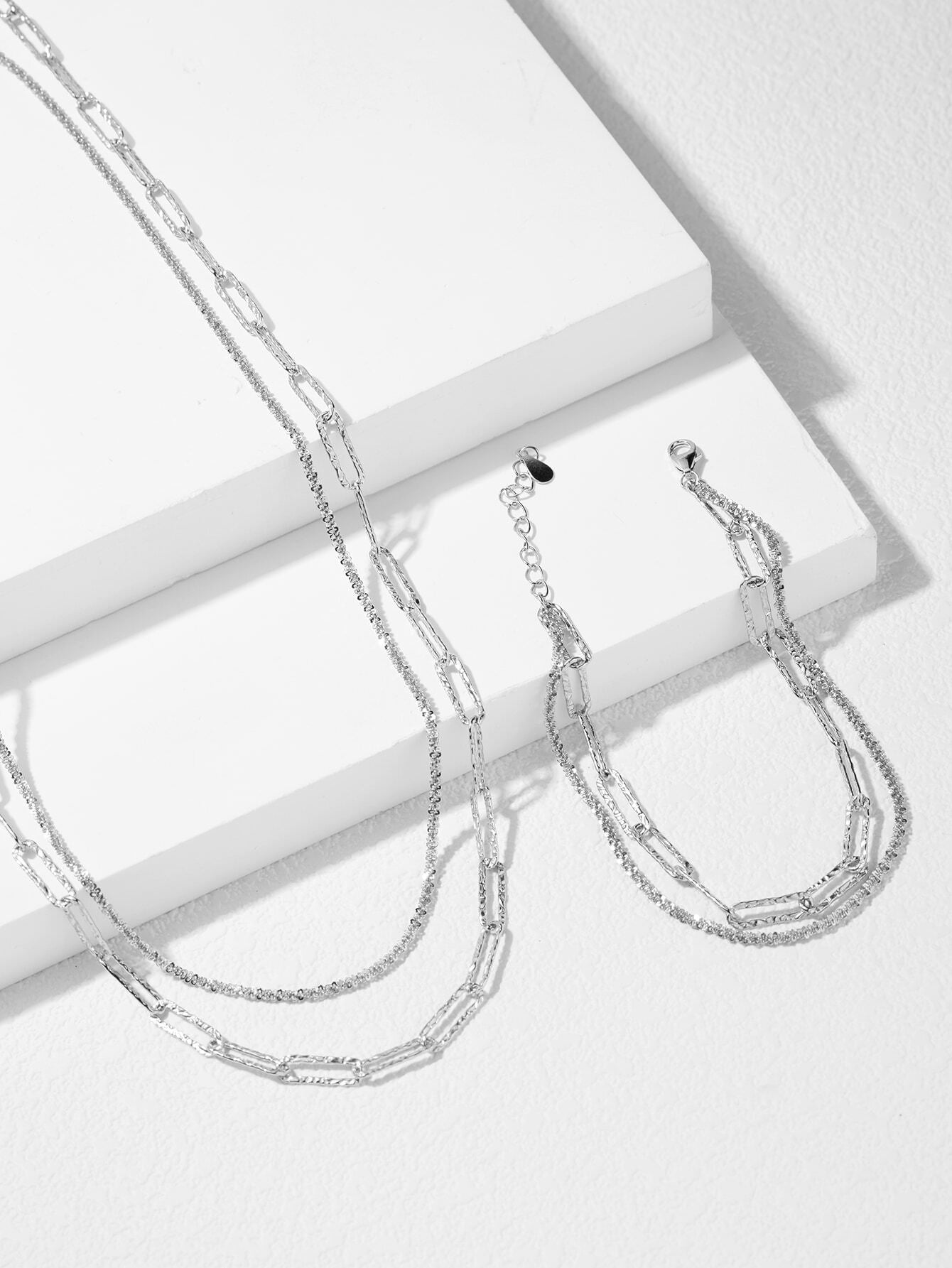 Sterling Silver Elegant Layered Textured Paperclip Chain Set