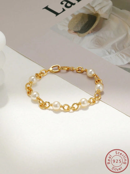 18k Gold Plated Sterling Silver, Inlaid With White Round Artificial Pearls Set