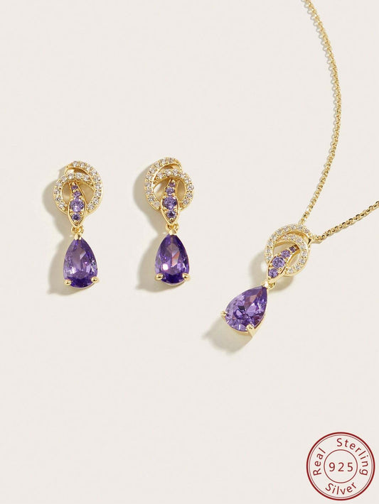 Sterling Silver Plated With 18k Gold Inlaid With Purple Drop-shaped Set