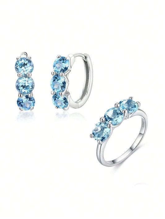 Sterling Silver Rings Earrings A Pair Simple Daily Wear Natural Sky Blue Topaz