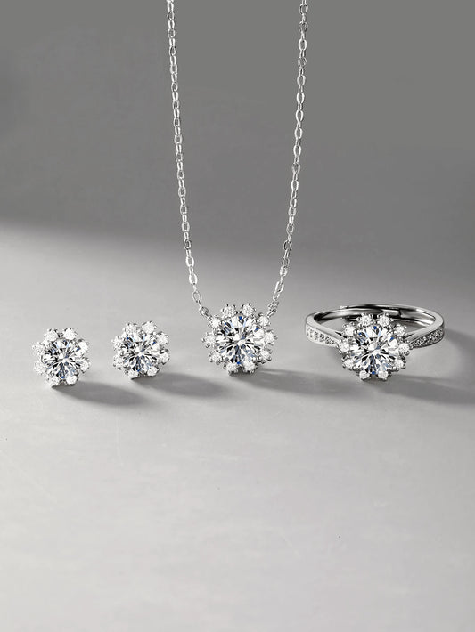 Sterling Silver With Moissanite Snowflake Earrings, Necklace and Ring Set