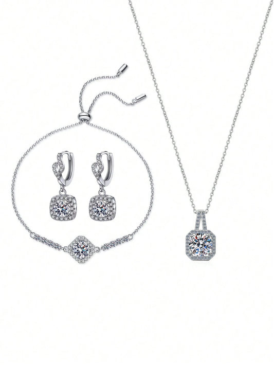 Sterling Silver Fashionable Earrings, Bracelet And Necklace Set