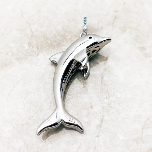Sterling Silver Cheerful Dolphin With Blue Stones Pendant