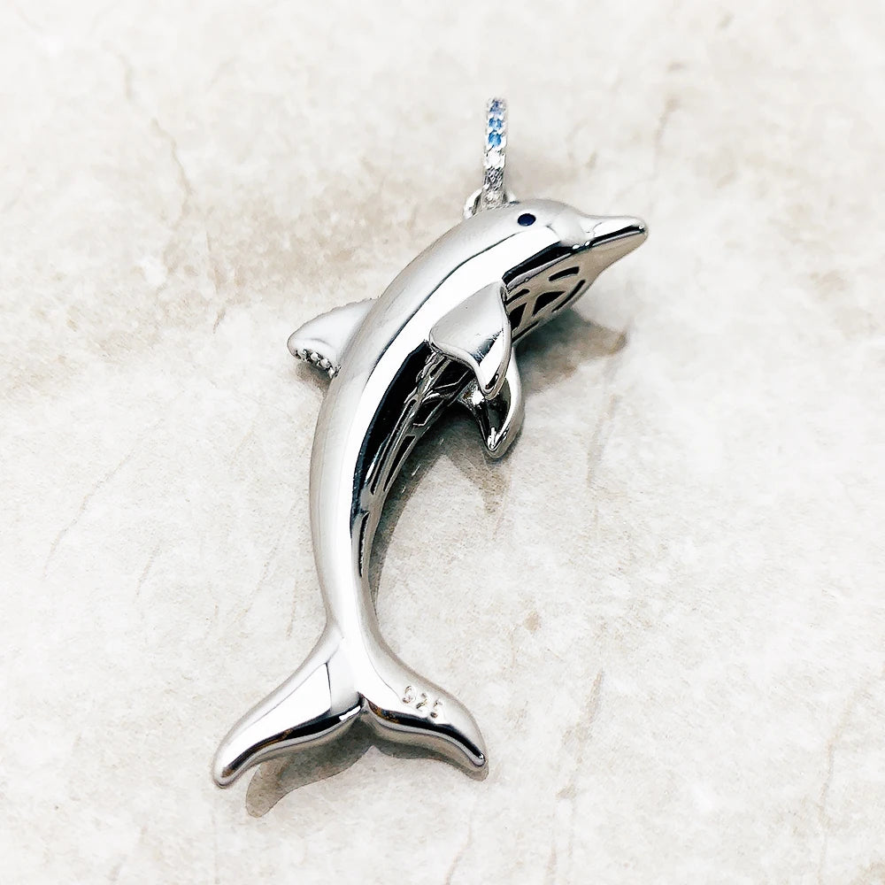 Sterling Silver Cheerful Dolphin With Blue Stones Pendant