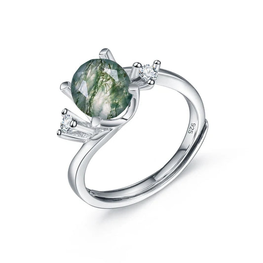 Oval Moss Agate Silver Ring