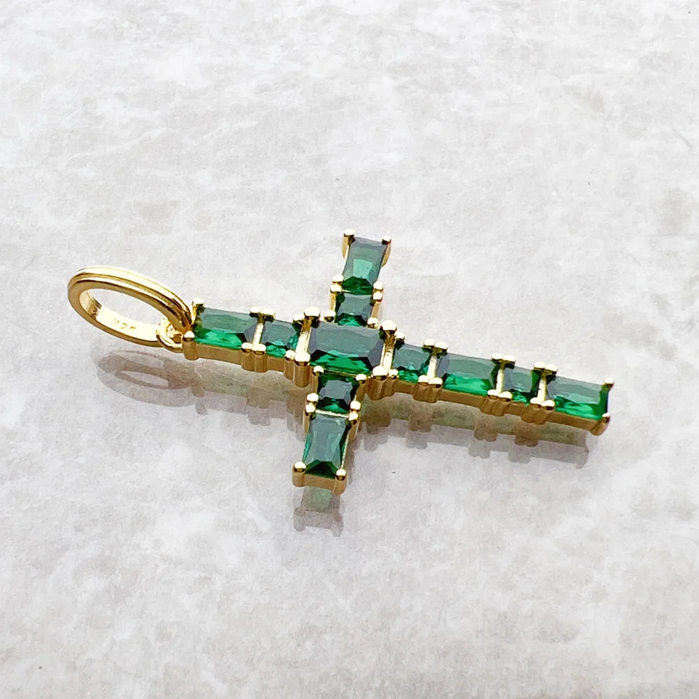 Gold Plated Green Stones Sterling Silver Cross