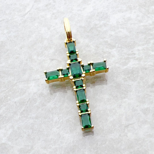 Gold Plated Green Stones Sterling Silver Cross