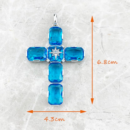 Large Aquamarine-Coloured Stones Pendant Cross