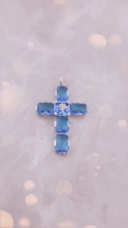 Large Aquamarine-Coloured Stones Pendant Cross